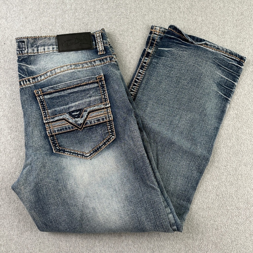 True Luck Jeans Mens 34 Blue Denim TL17150019 Straight Leg Faded Whiskered